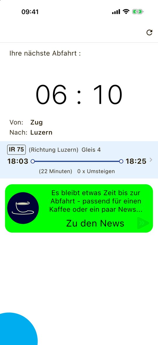 Countdown mit den Minuten bis zur nächsten Verbindung Zug – Luzern