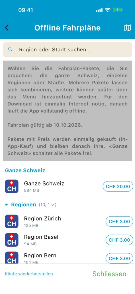 Auswahl der Offline-Fahrpläne: ganze Schweiz, Regionen, Städte